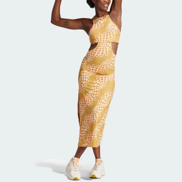 NWT FARM Rio Victory Gold Abstract Wave Print Midi Dress Adidas Collab - Picture 5 of 7